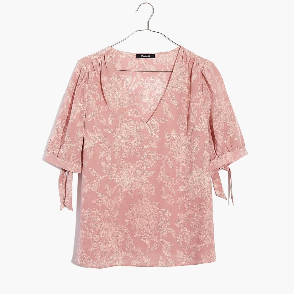 Madewell 100% Silk V-Neck Tie-Sleeve Top in Pindot Blooms NWT $110 Dainty